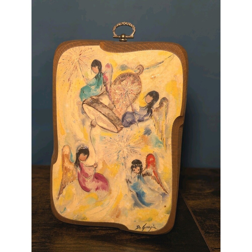 Vintage DeGrazia Burden Wood Plaque Angels First Bell for California 70s Signed